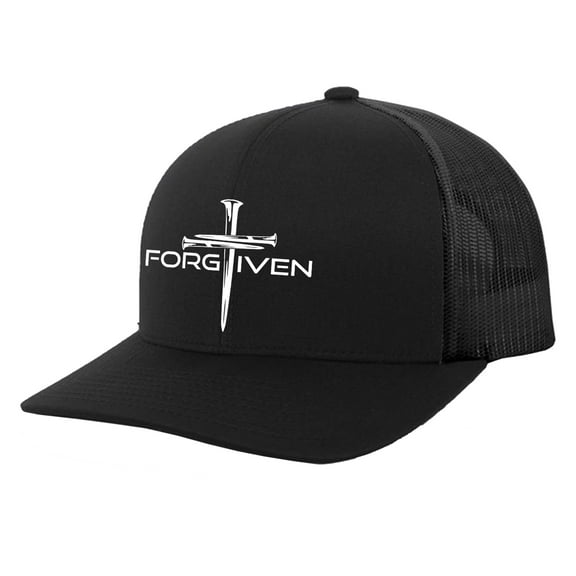 Trenz Shirt Company Christian Forgiven Cross Embroidered Mens Adjustable Snapback Mesh Back Trucker Hat, Black/Black