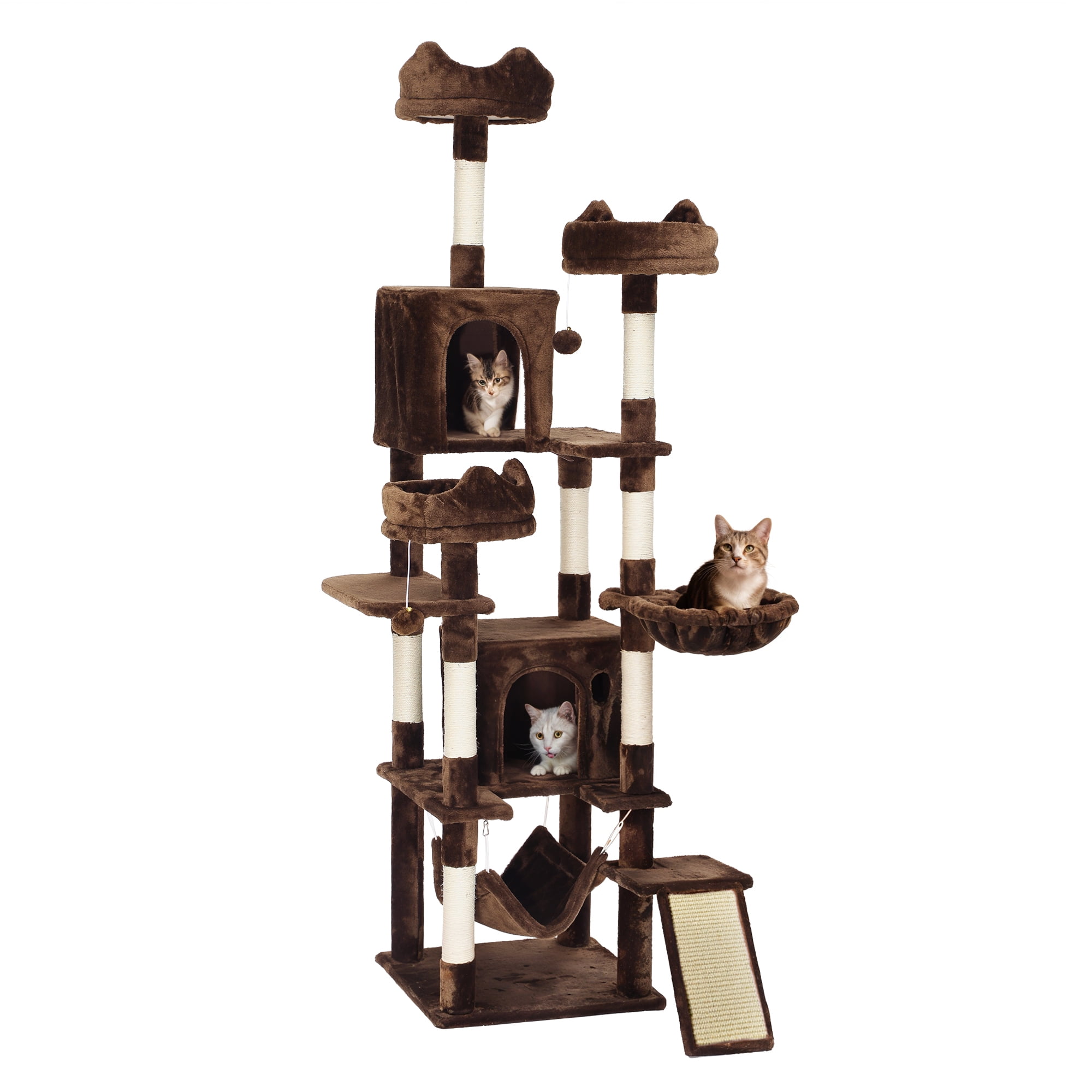 Dextrus 75" Tall Cat Tree for Large Cats, Multi-Level Play Tower Condo with Sisal Ramp Scratching Post & Hammocks, Brown
