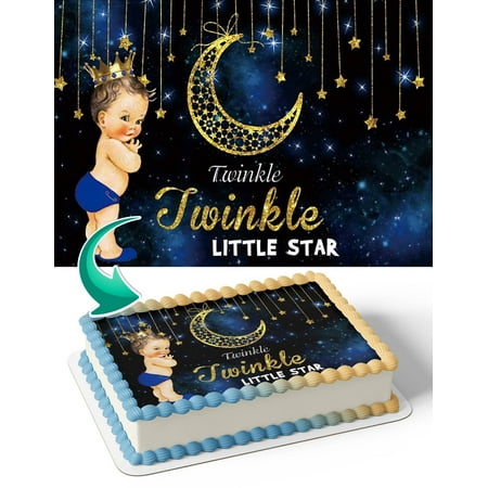 Twinkle Twinkle Little Star Baby Boy Gold Moon Edible Cake Image Topper Birthday Photo Icing Fondant Decoration Print 1/4 Sheet