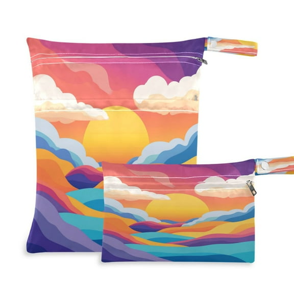 2 PCS Wet Dry Bags for Baby Cloth Diapers Reusable Waterproof Wet Bags for Stroller, Travel & Gym Colorful Sunset Sky