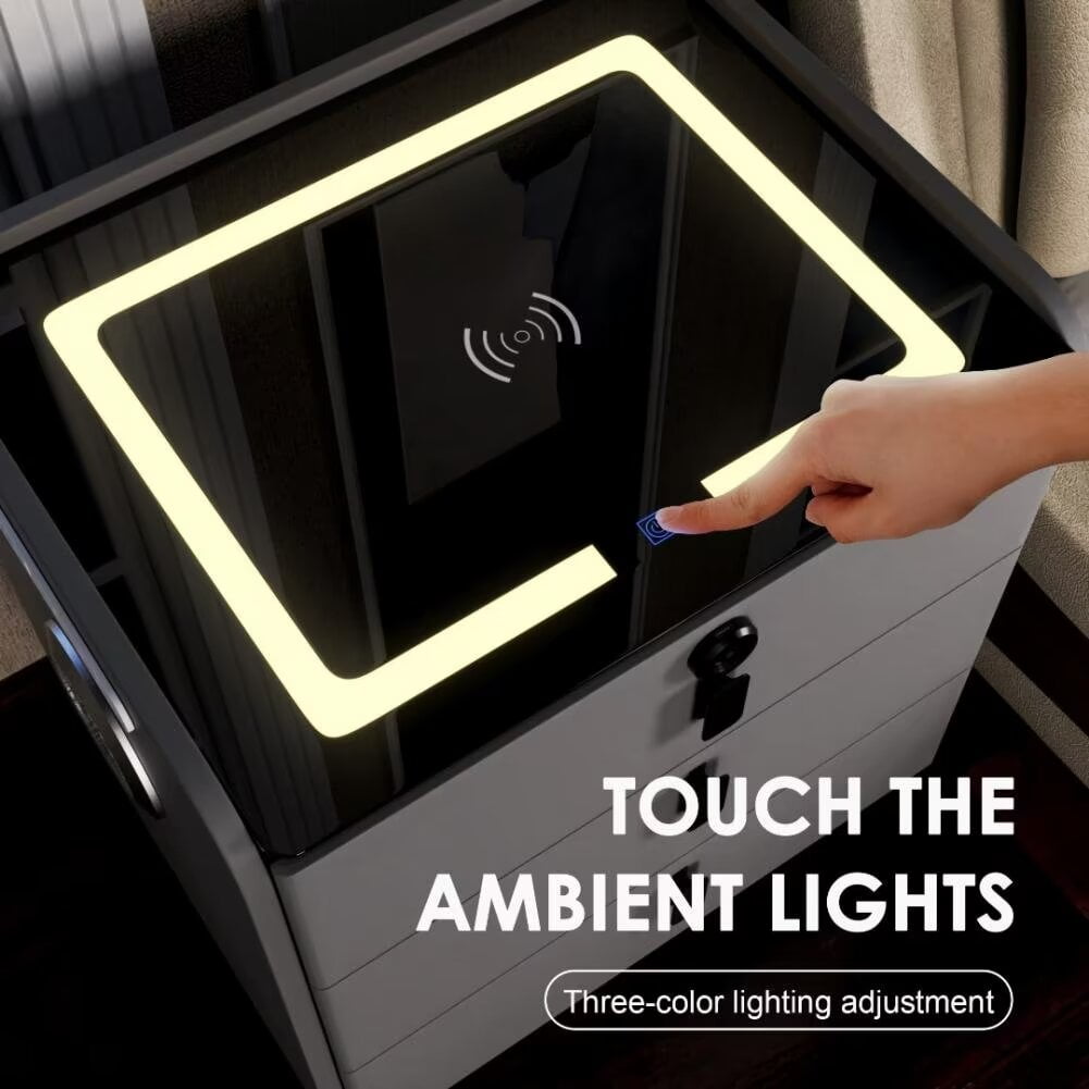 KPIBEST Modern bedroom smart bedside table, fingerprint unlocking wireless charging multifunctional storage cabinet