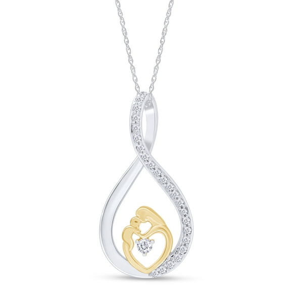 AFFY White CZ Two-Tone Infinity Mom Heart Pendant Necklace in 14k White Gold Sterling Silver