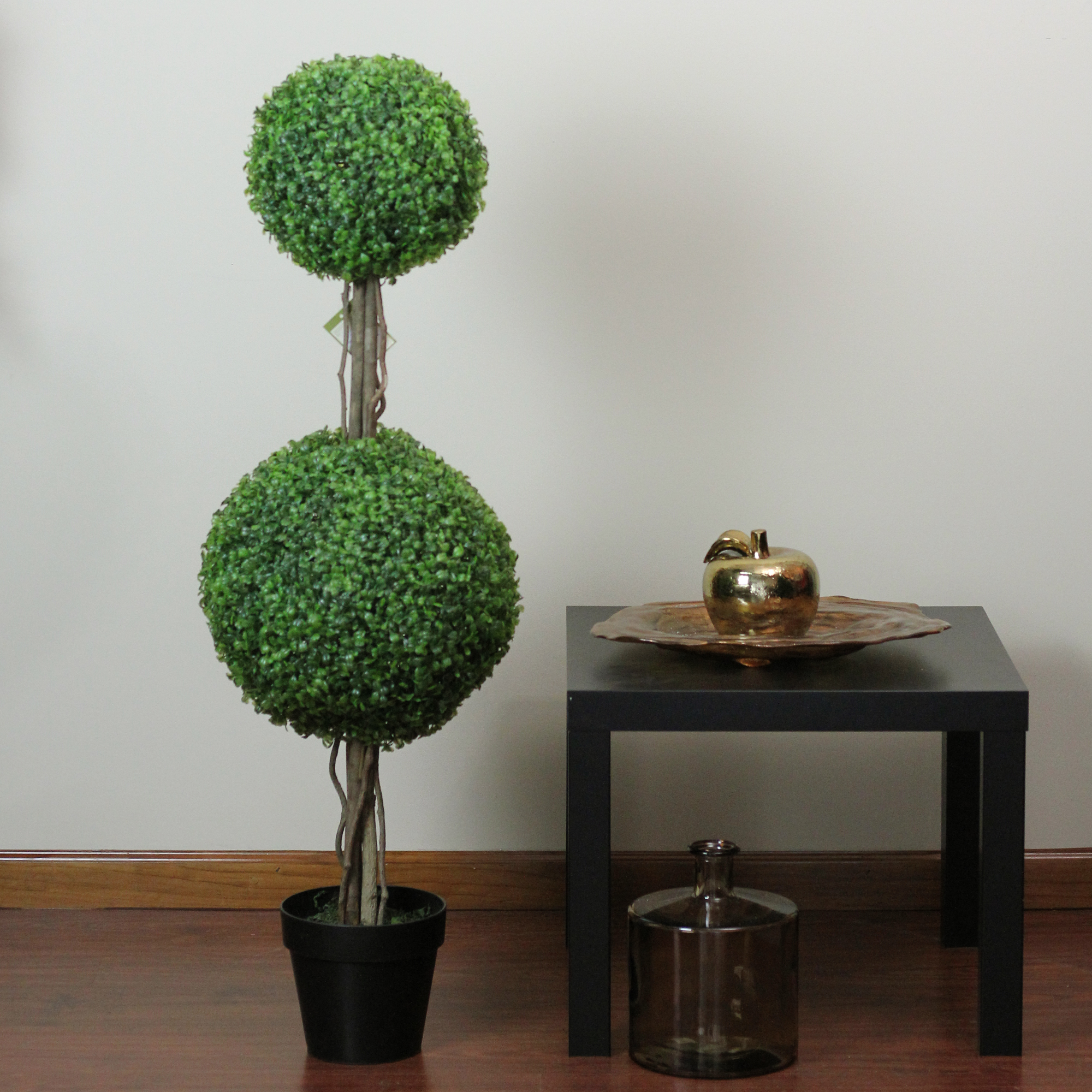 48" Potted Artificial Two Tone Green Double Ball-Shaped Boxwood Topiary Garden Decoration