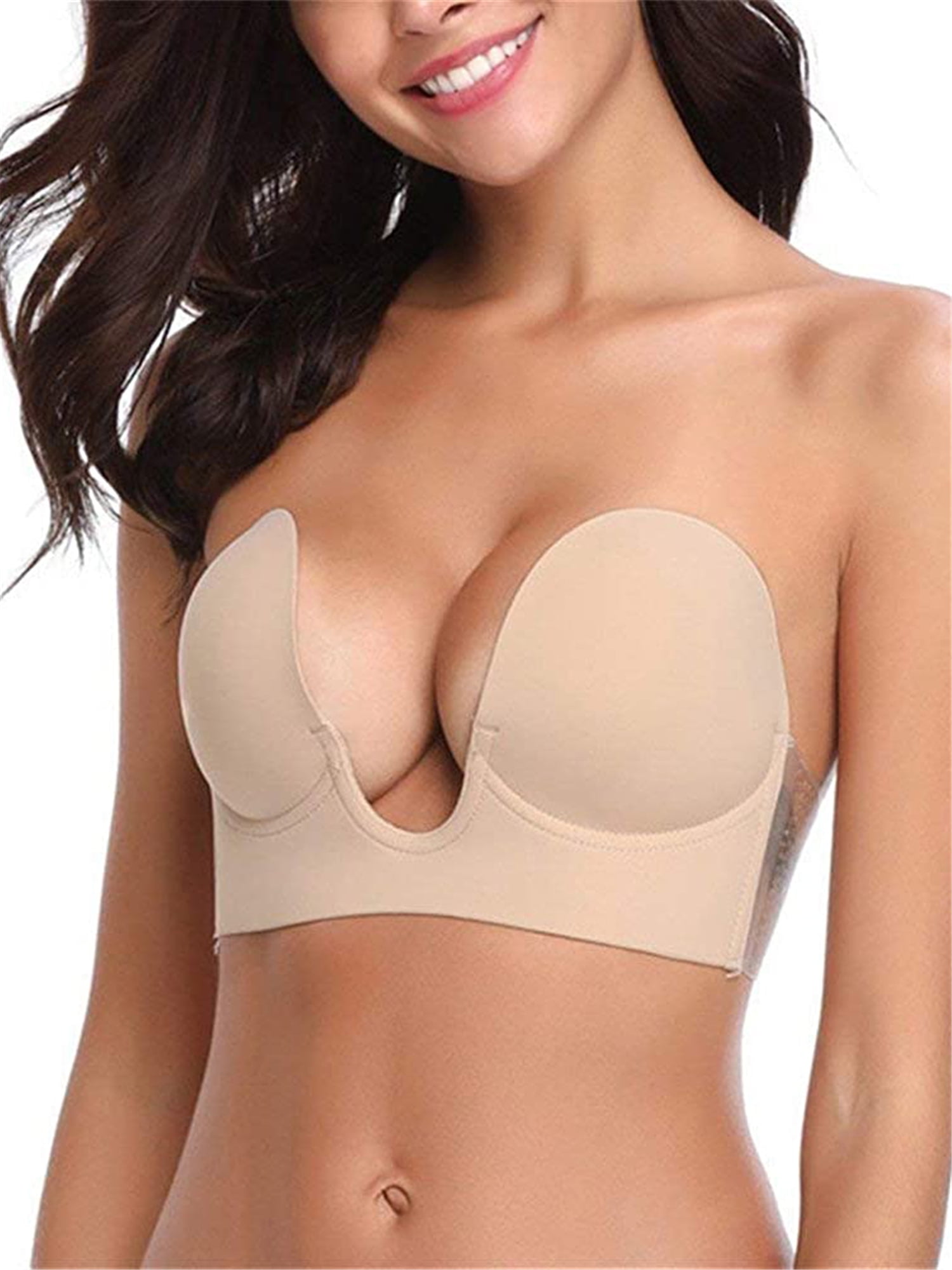 Focusnormm Women Deep U Plunge Bra Push Up Strapless Sticky Adhesive