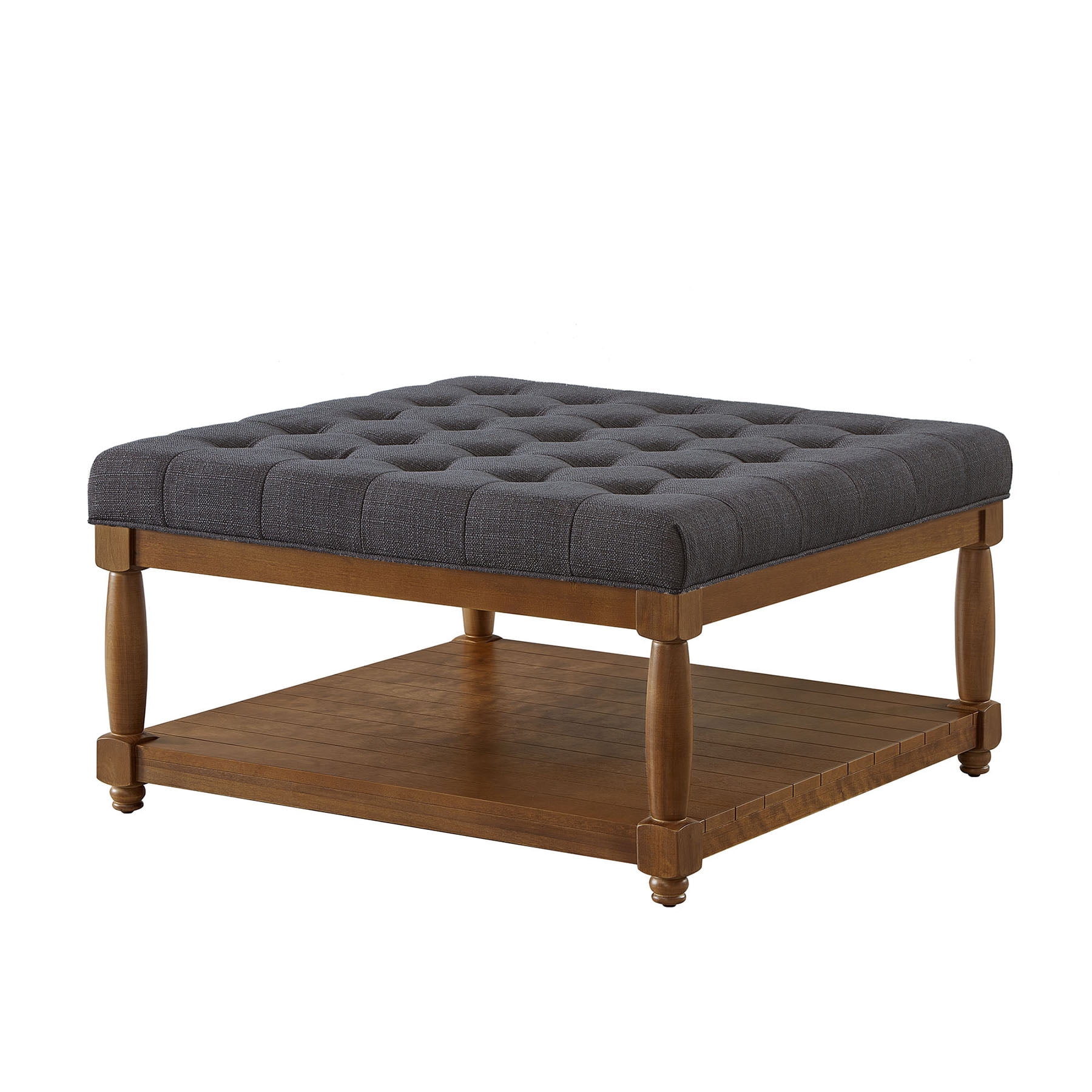S-HOME Large Square Upholstered Tufted Linen Ottoman, Spacious Coffee Table with Solid Wood Shelf，Charcoal