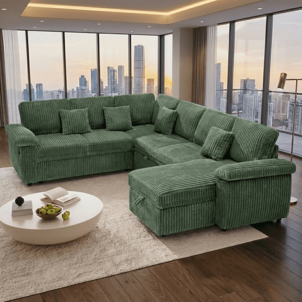 Howcool U-Shaped Sectional Sleeper Sofa with Pull-Out Bed, 7-Seat Convertible Couch, Modular Sofa with Storage Chaise and USB Ports, Plush Corduroy Living Room Furniture,Green(Thick Sponge)