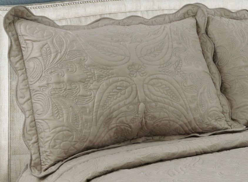 Marina Decoration Embroidered Stitching Coverlet Bedspread Ultra Soft Solid Bedding Summer Quilt Set with Quilted Sham, Taupe Floral Paisley Pattern