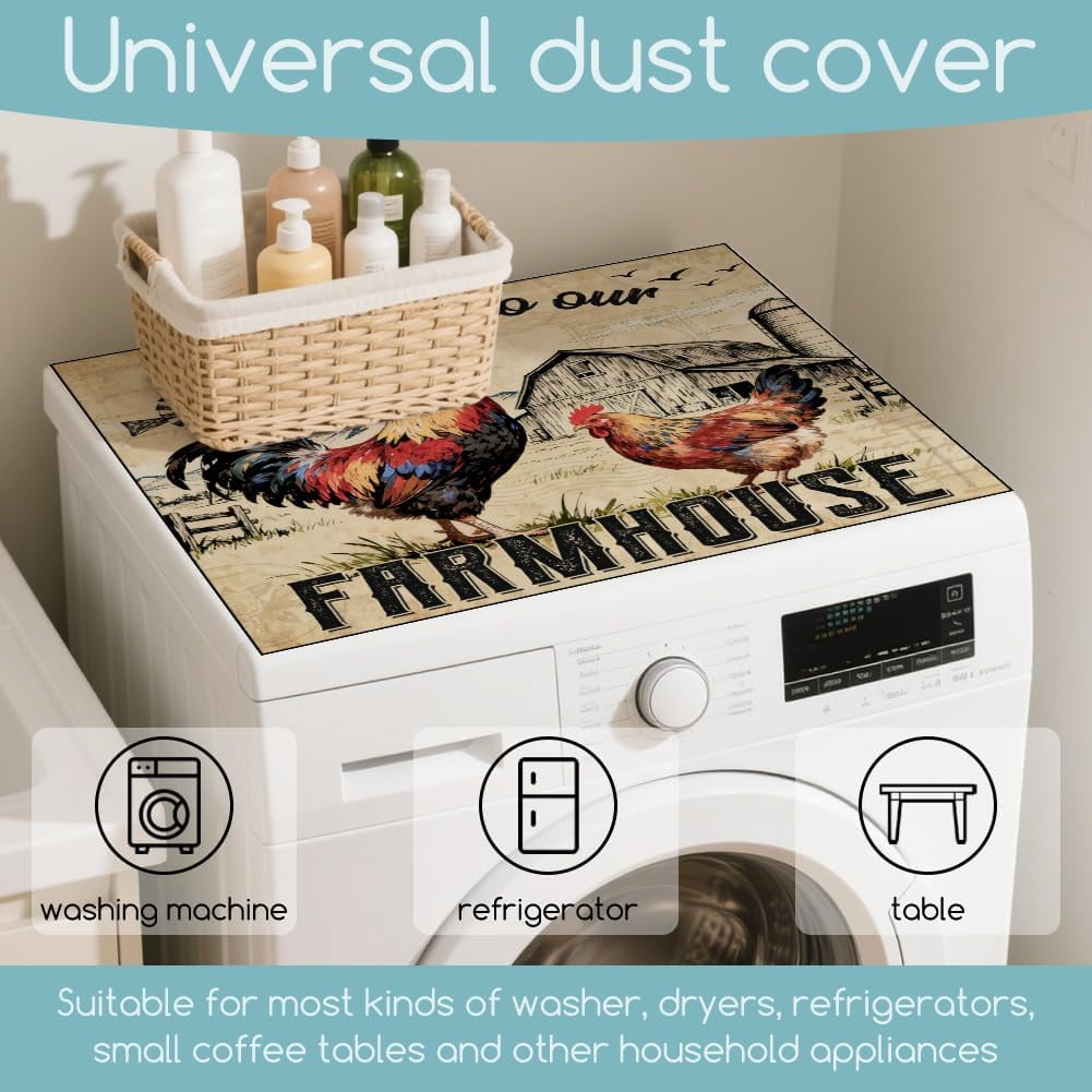 Retro Farm Rooster Laundry Room Washer Dryer Dust Cover Mat 23.6x19.7inch Welcome Cock Washing Machine Top Protector Pads Vintage