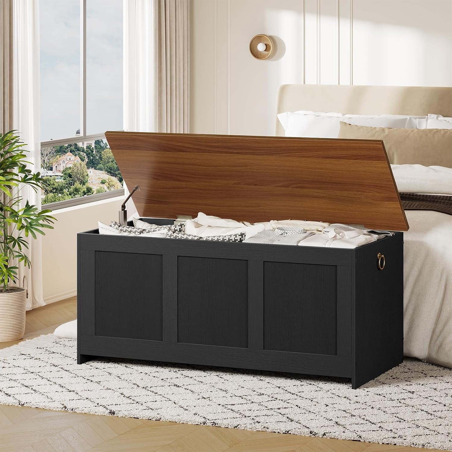 Storage Bench, 43.3" Retro Wooden Storage Chest, Wooden Storage Trunk, Toy Chest with Lift Top, Multifunctional Entryway Organizer, for Entryway, Living Room, Black and Walnut BH411CW01