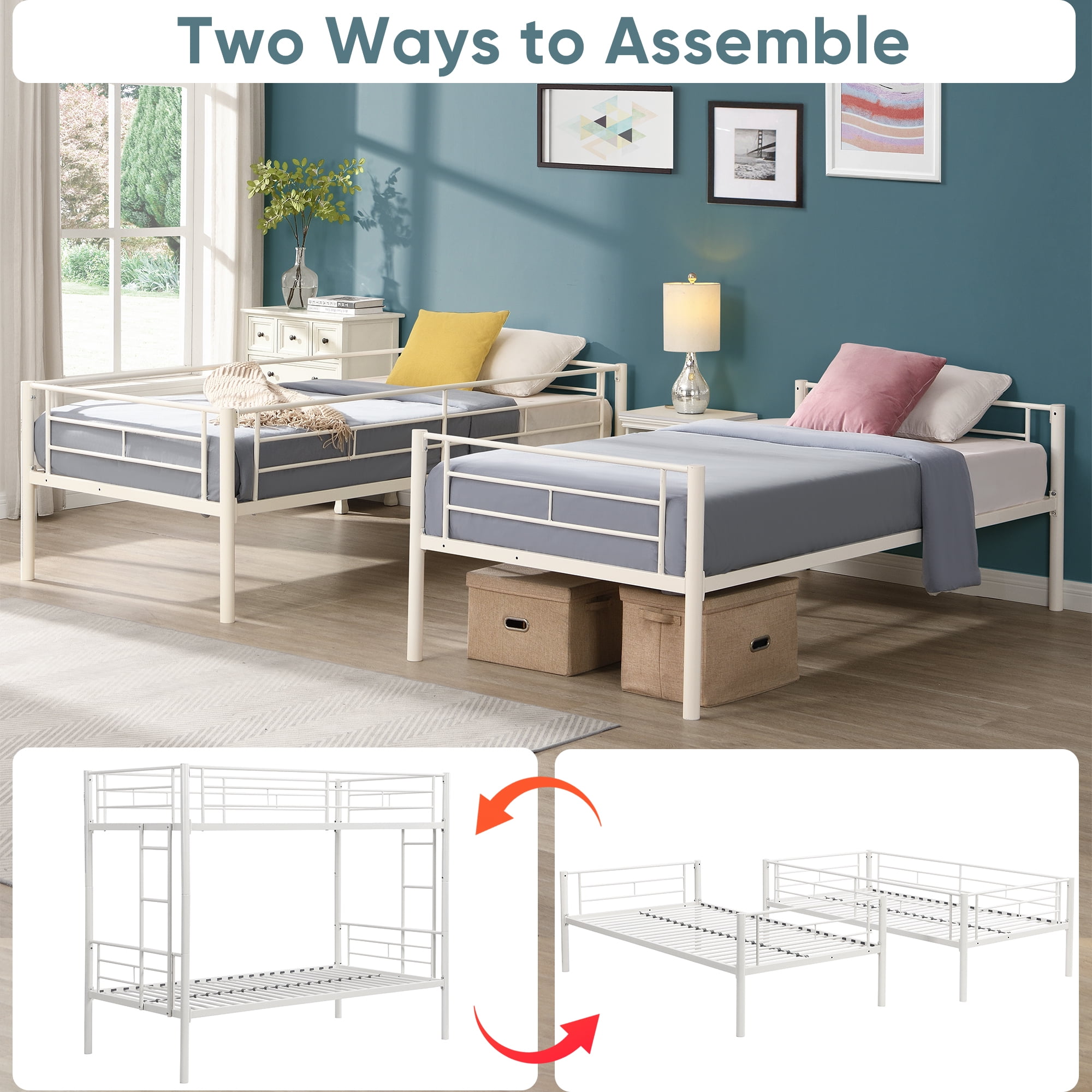 Aukfa Metal Bunk Bed Twin over Twin, Able to Split Two Beds for Kids Teens Dorm - White