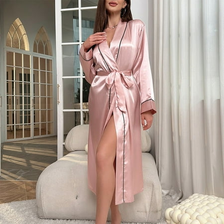 Women Satin Bathrobe Kimono Lingerie Bride Dressing Gown Sleepwear Nightgrown