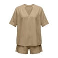thumbnail image 4 of FINALGANG Womens Solid Color Two Piece Outfit V Neck Notch Collar Short Sleeve Top Elastic Waist Shorts Casual Matching Set For Summer Daily Wear Leisure Set, 4 of 4