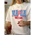 thumbnail image 1 of Camiseta con estampado geométrico de inspiración vintage para mujer - Cuello redondo informal, manga corta, algodón, lavable a máquina - Perfecta para verano, ideal para deportes de ocio., 1 of 6