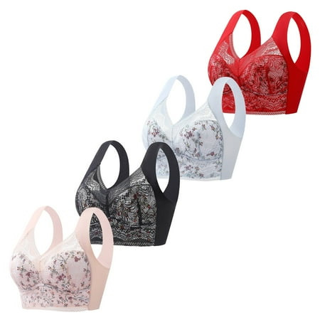 QYZEU Under Outfit Bras for Women Wireless Breathable Sports Bras Bulk 4PC Thin Lace Back Wrapped Chest Vest Fixed Cup Large Chest Collection Side Traceless Bra Black XL