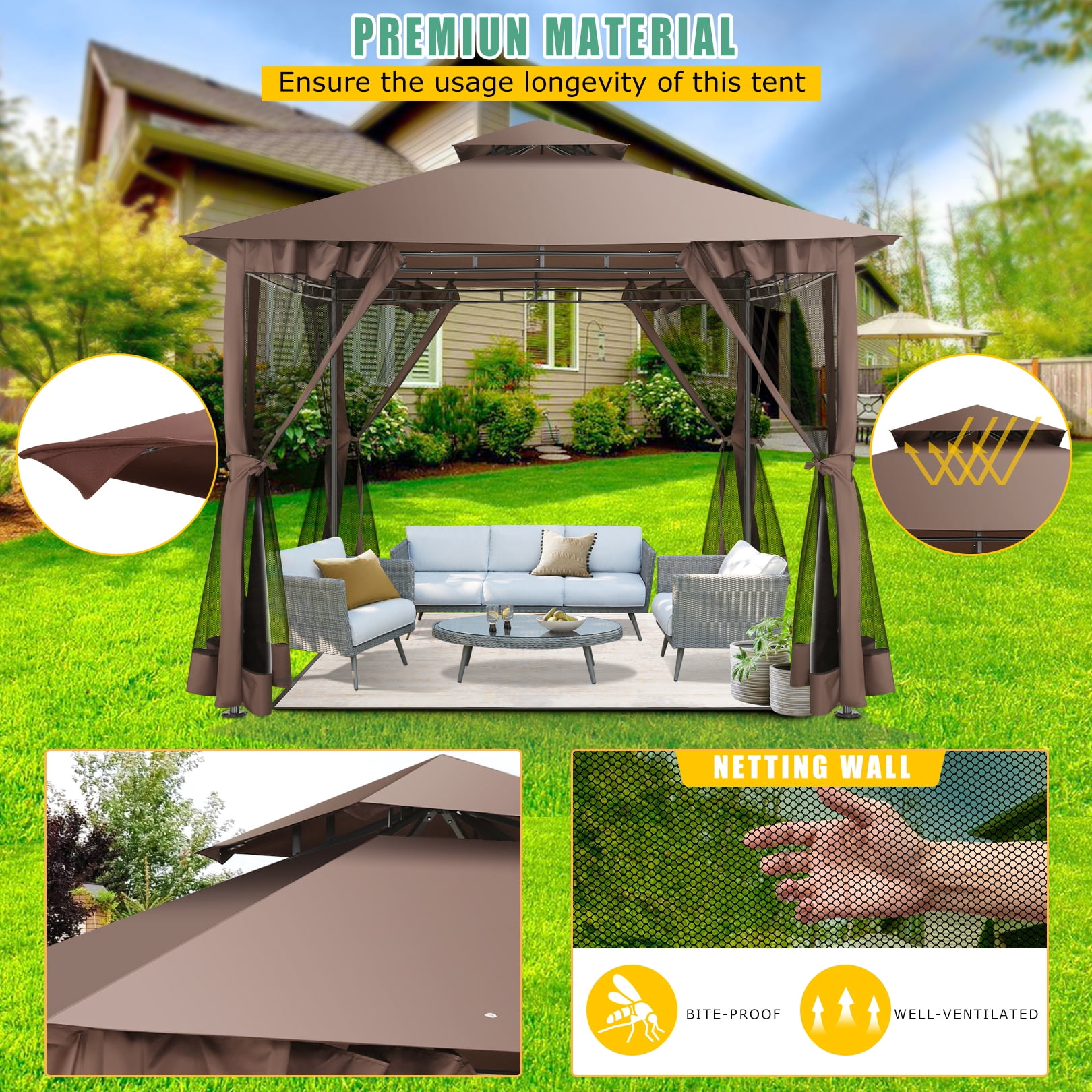 COBIZI Easy Assembly Outdoor Furniture Patio Canopy,10x10 Outdoor Gazebo with Mosquito Netting,Shade Tent for Party, Backyard, Deck, Patio Lawn & Garden,Brown