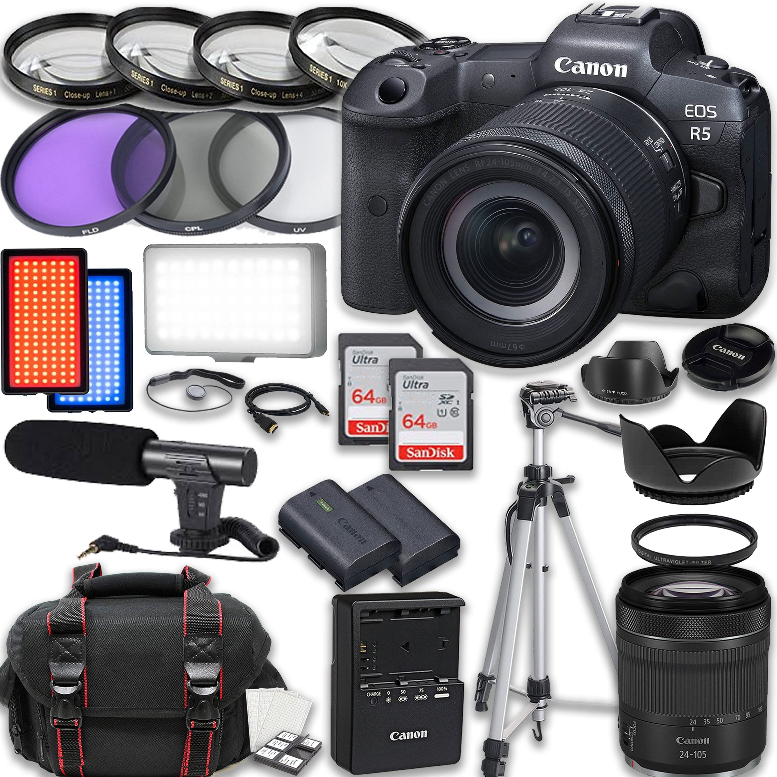 bruge Dyrke motion campingvogn Canon EOS R5 Full Frame Mirrorless Camera with RF 24-105mm STM Lens,  Accessories including: 2X 64GB Memory Cards, LED Video Light, Microphone,  Extra Battery, Case & More - Walmart.com