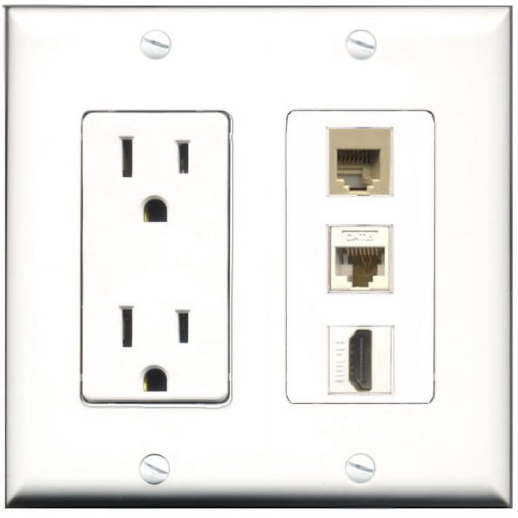 RiteAV - 15 Amp Power Outlet 1 Port HDMI 1 Port Phone Beige 1 Port Cat6 Ethernet Ethernet White Decorative Wall Plate