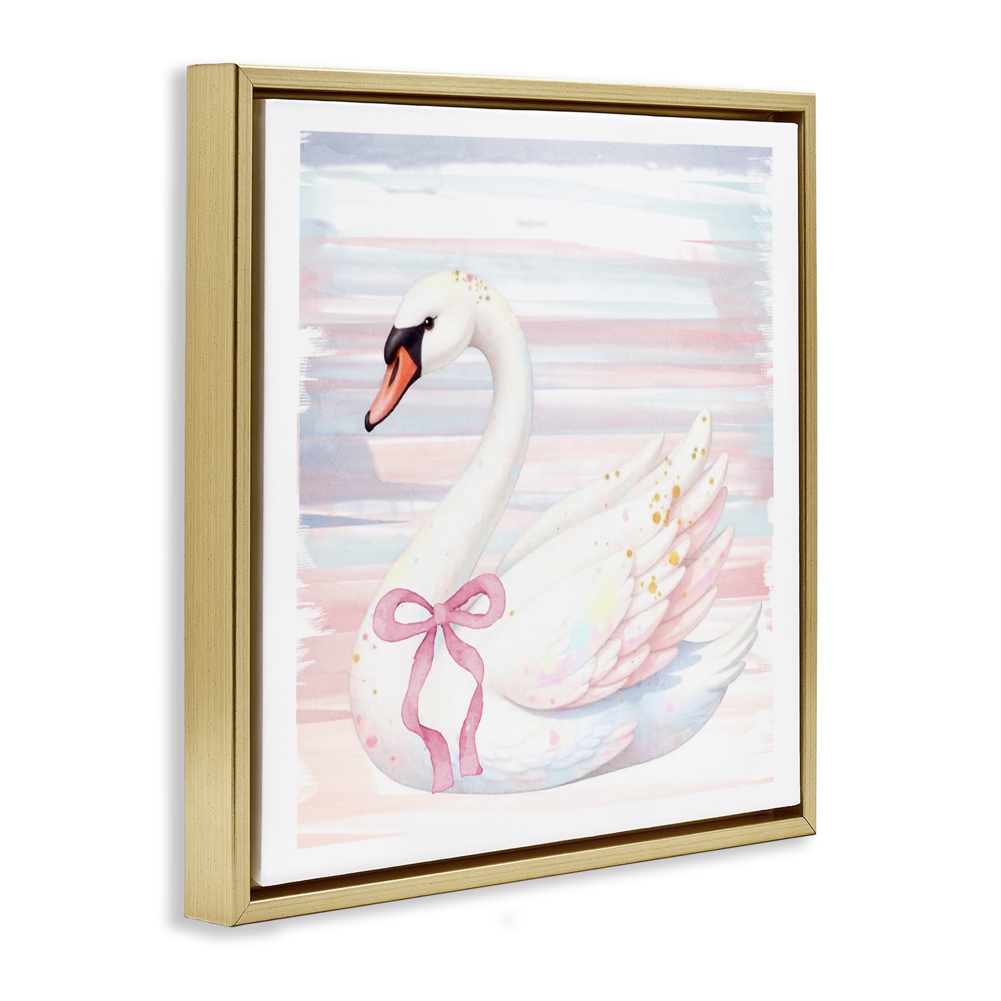 Pastel Swan with Ribbon Gold Framed Floater Canvas Wall Art, design by Kim Allen