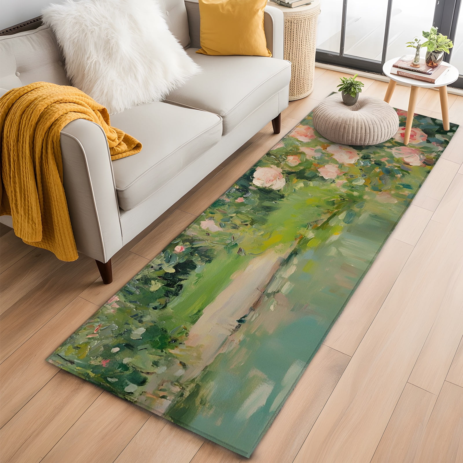 Rectangle Area Rug 2x6ft Pastoral Rose Rustic River Non-Shedding Washable Area Rug Abstract Impressionist Art Non Slip Low-Profile Rugs for Living Room Bedroom Dining Room