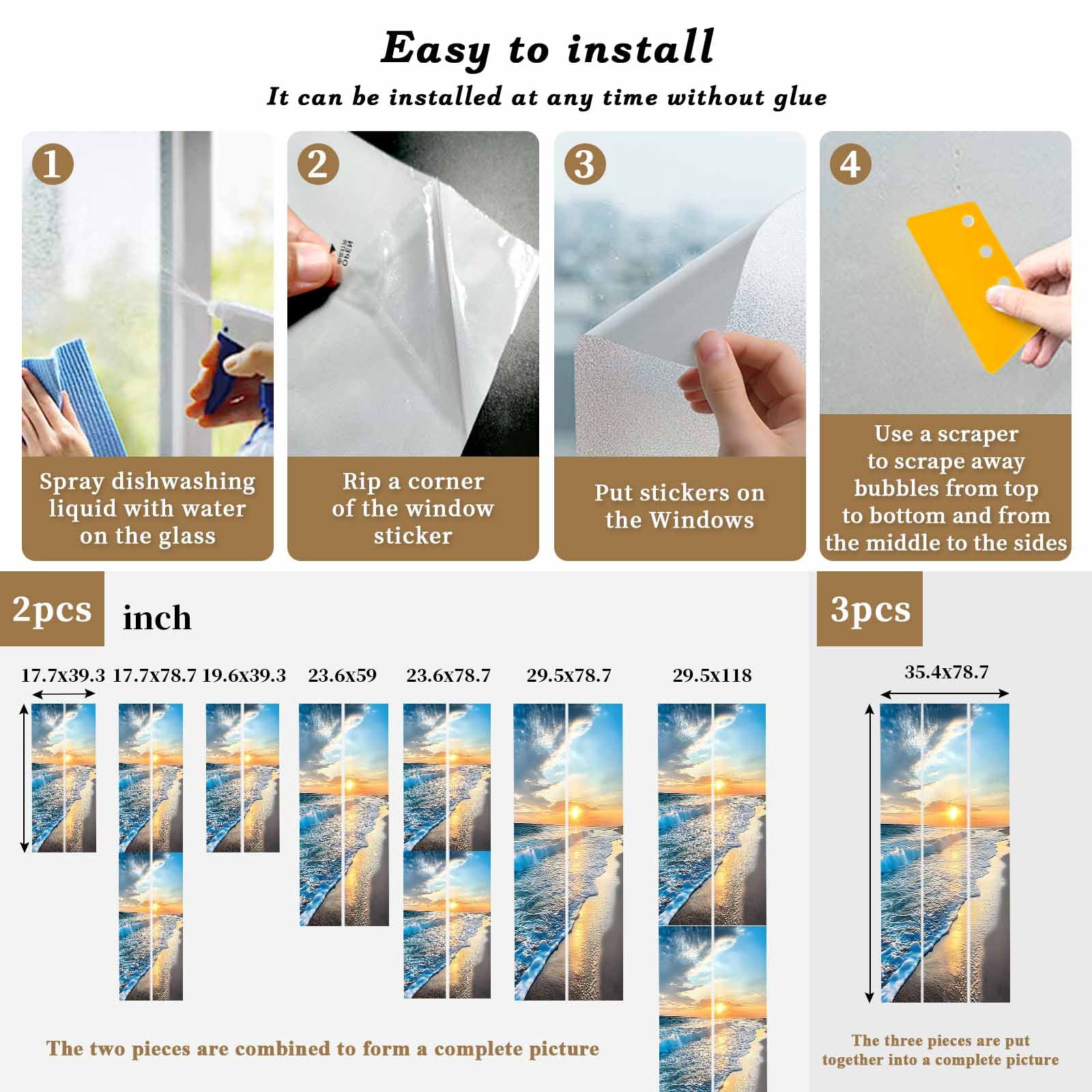 Sunset Beach Privacy Window Film, Decorative Frosted Glass Window Film, Spray Ocean Waves Sky Nature Scenery Reusable Peel and Stick Static Cling for Home Bathroom Office Glass Door 23.6"x59"