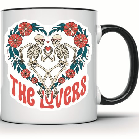 The Lovers Tarot Card Mug - Gothic Skull & Skeleton Design - Unique Occult Themed Mug - Trendy Floral Skull Home Decor - 11 Ounce Black Rim Handle Novelty Coffee Cup - WMUG0907-Black Rim