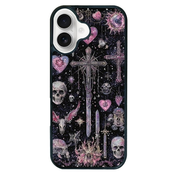 Cross Skull for iPhone 16 Case, Cute Aesthetic Pink Fashion Skull Shock-Absorbent Protective,Black