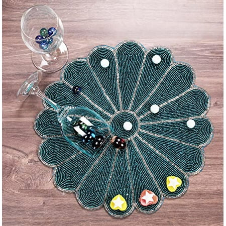 

Alpha Living Home Handmade Round Beaded Placemat for Dining Table - Pack of 2 Measure 13 Inches for Gathering Occasional Decoration and Family Parties Celebrations - Teal/Silver