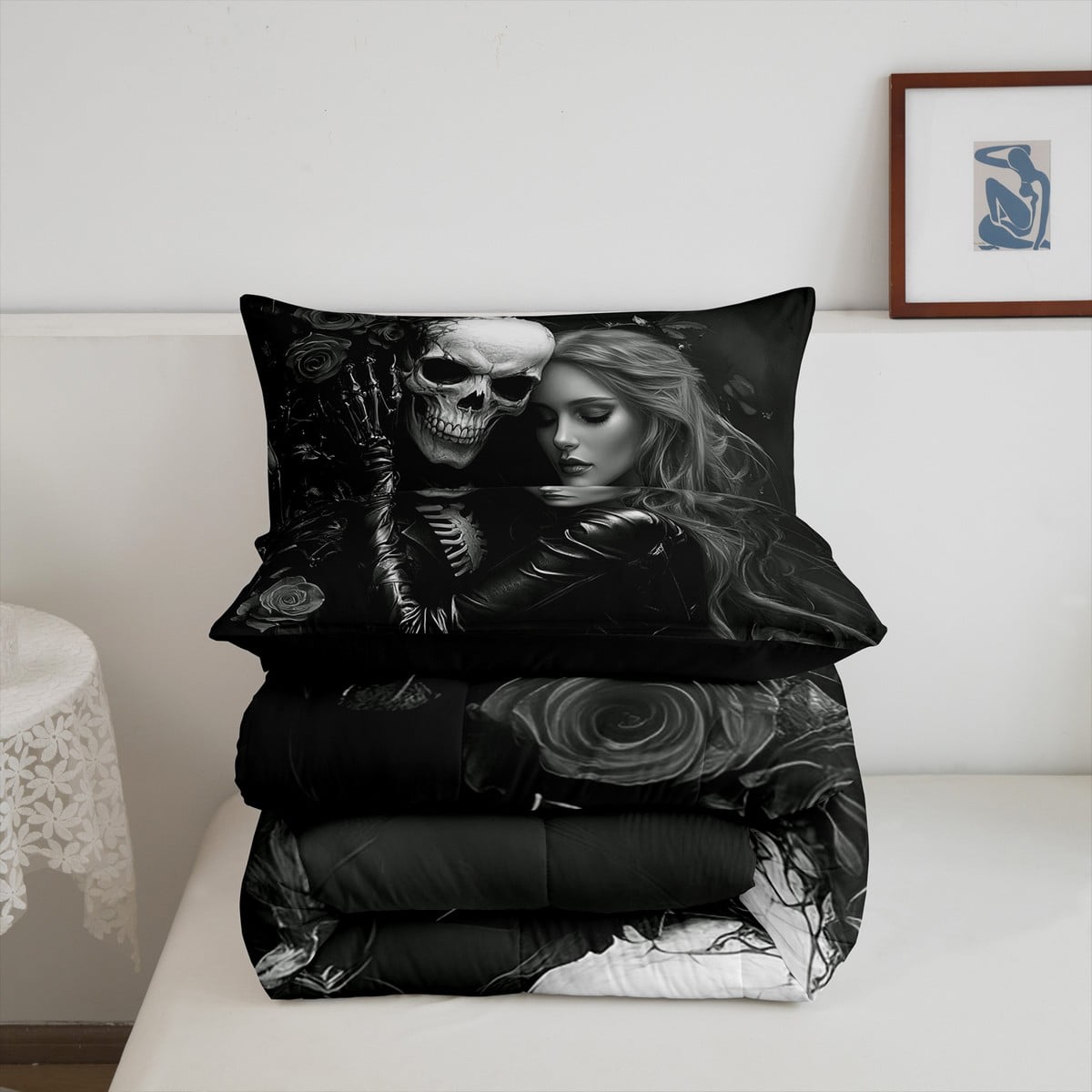 Black Valentines Day Queen Comforter Set,3D Sugar Kiss Skull Bedding Set,Gothic Rose Floral Bedding Comforter Sets,Skull and Love Duvet Insert Valentine'S Day Gift Decor