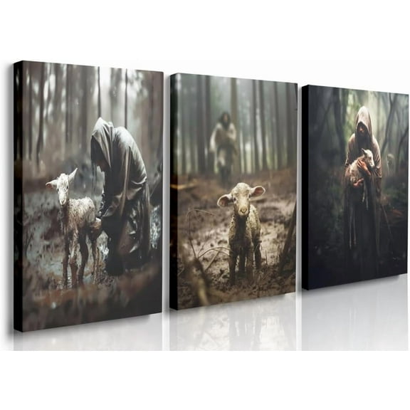 Hieng Jesus and Lamb Canvas Wall Art Jesus Running After Lost Lamb Picture Wall Art Jesus Canvas Print Christian Wall Decor Art Christian Home Decor Jesus Pictures Christian（Only canvas）