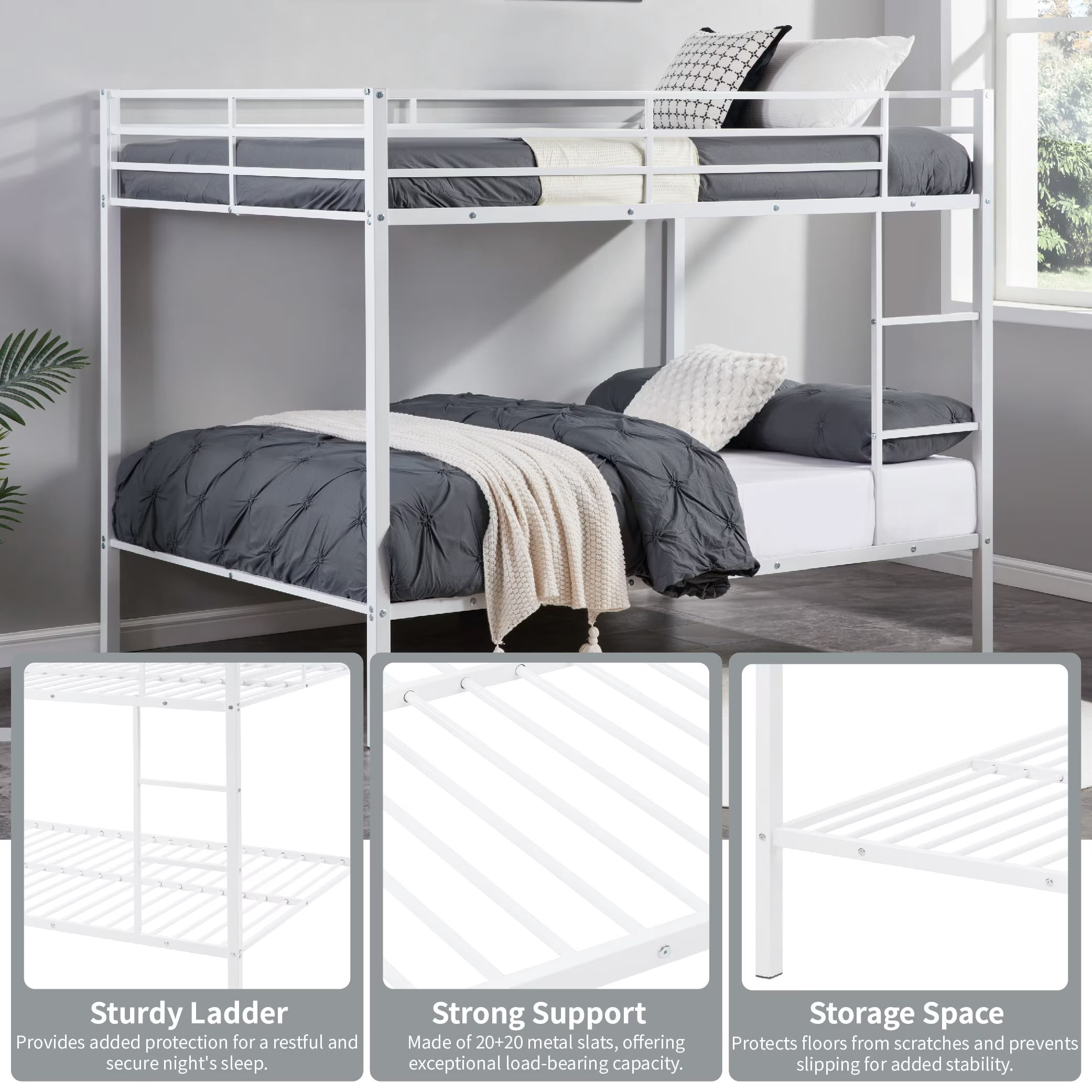 Full Over Full Bunk Bed, Heavy Duty Metal Bunk Bed Frame with Built-in Ladder and Safety Guard Rails, Low Profile Platform Bed, No Box Spring Needed for Kids, Small Spaces, White