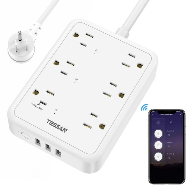Regleta de alimentación inteligente TESSAN WiFi con 3 enchufes inteligentes y 3 puertos USB