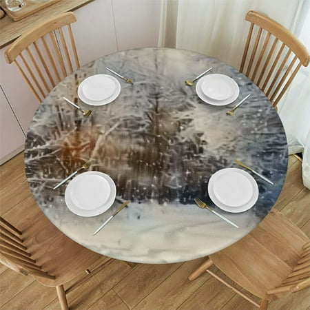 

Autua Snow Woods Round Tablecloth 100% Polyester Fiber Stain-Resistant Washable Ideal for Indoor Outdoor Restaurants Parties Kitchen Holiday Dinner Fitted 31 -35
