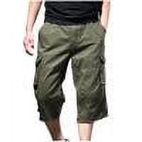Men's Capris Pants Solid Color Multi Pocket Workwear With Elastic Waist Button Shorts Olive Green