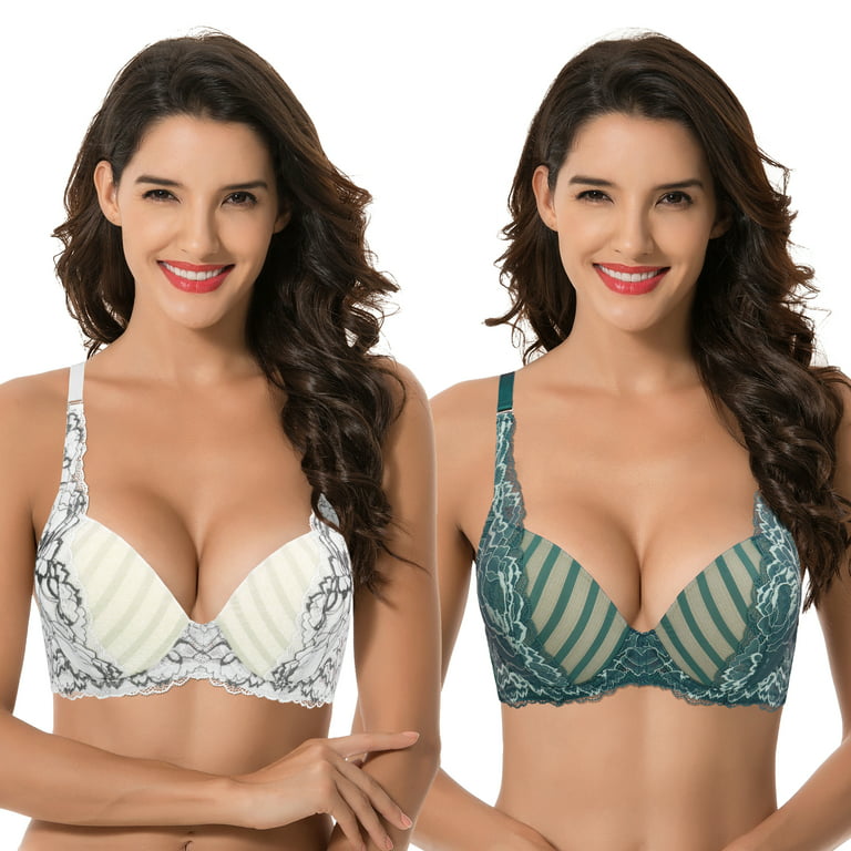 Curve Muse Women’s Plus Size Add 1 Cup Push Up Underwire Lace Mesh  Bra-2PK-TEAL,GREY-34D