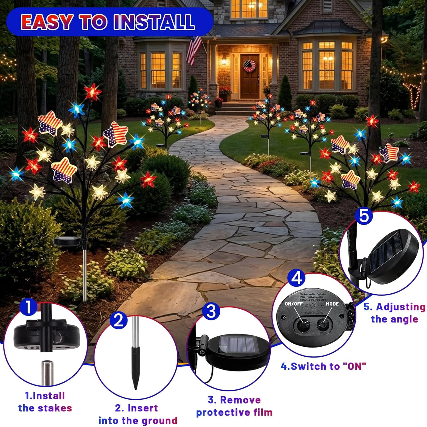 4th of July Decor Outdoor, 2 Pack Red White Blue Star Solar Garden Lights with 8 Modes, Twinkle Star Tree Lights Pathway Lights Outdoor Waterproof, Patriotic Lights for Independence Day Memorial Day