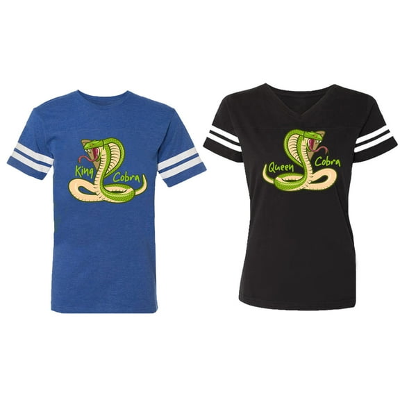 Cobra King Queen Matching Couple Cotton Jerseys (Men Royal / Women Black) (Men S / Women S)