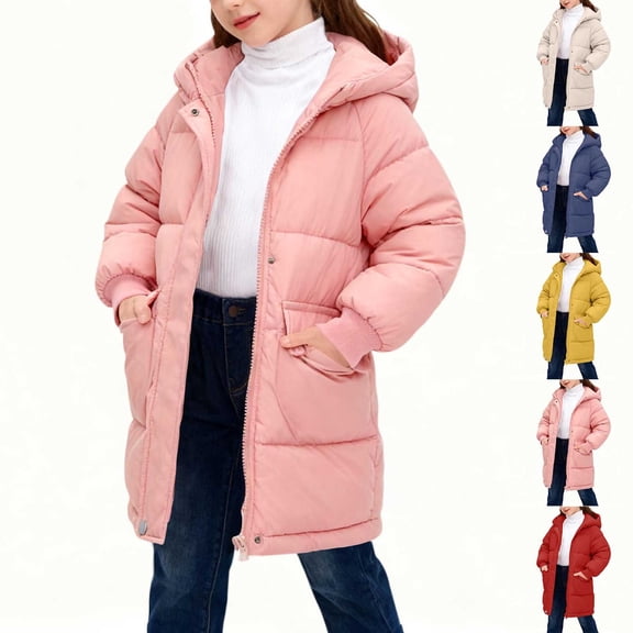 MKOSPLRT Girls Winter Long Puffer Lightweight Coat Thick Padded Soft Fleece Jacket Solid Full Zip Down Jacket Coats with Hood 2-12Y