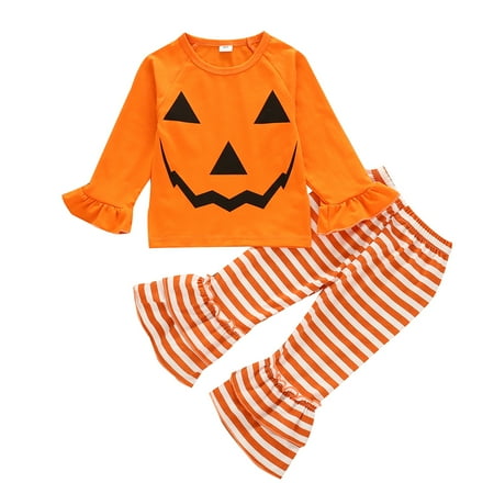

Two Piece Baby Children Girls Halloween Sets Flare Sleeve O Neck Pumpkin Top Striped Pants Toddler Kids Girls Outfits