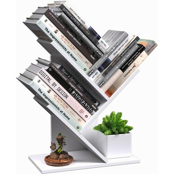 3 Tier Small Tree Bookshelf Storage Organizer Shelves Floor Standing Bookcase Desk Wood Storage Rack for Home Office Living Room Bedroom Display for Book Magazine CD manga Warm White