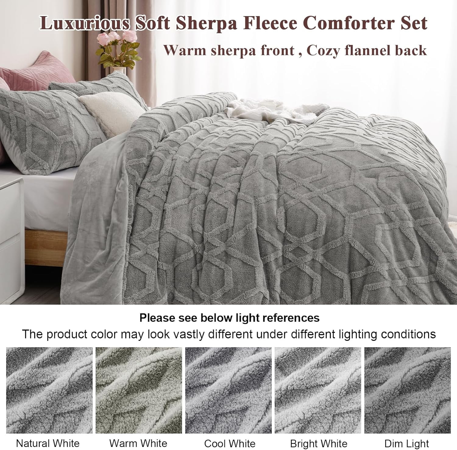 PHF Warm Sherpa Fleece King Comforter Set, 3D Tufted Fluffy Grey Bedding for Winter, Soft 2 Pieces Shaggy Bed Set, 1 Comforter (104"x90") and 2 Pillowcases (20"x36")