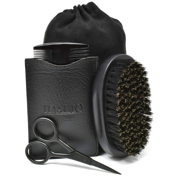 IDALIO Juego de cepillo y peine para barba para hombres con cerdas de jabalí naturales, cepillo para barba, peine de madera de peral y tijeras de acero inoxidable para recortar barba