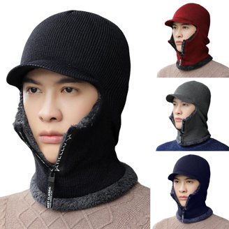 Kuyou Winter Knitted Ski Mask Beanie - Unisex Helmet-Style Hat With Removable Visor, Black/Red