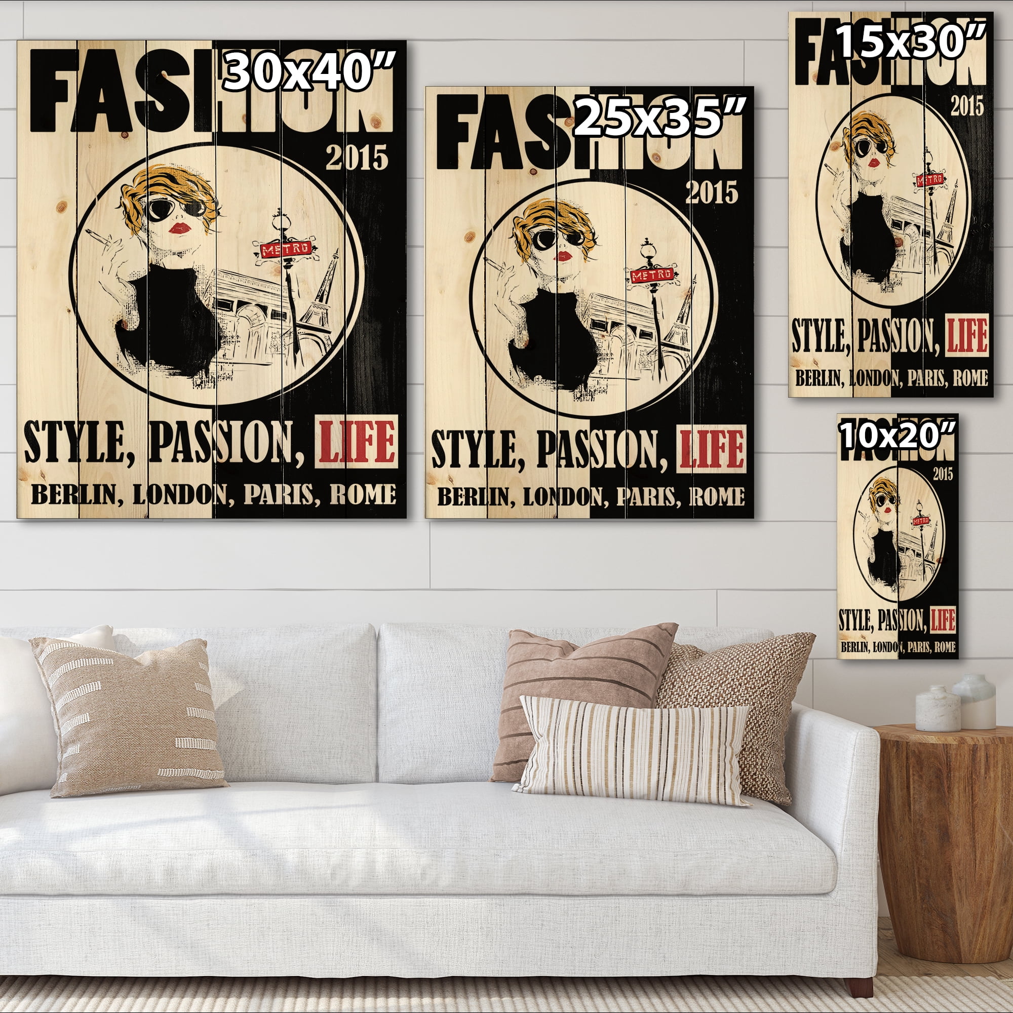 Designart 'Style Passion Life Fashion Woman I' Vintage Print on Natural Pine Wood