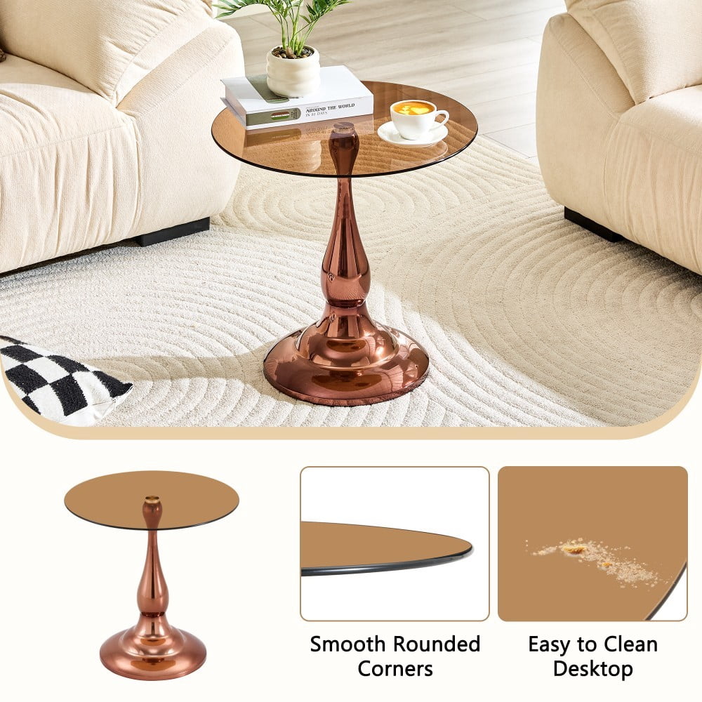 19.6" Round Side Table, Amber Tempered Glass Top with Rose Gold Metal Base, Modern End Table, Nightstand, Sofa Table for Living Room Bedroom