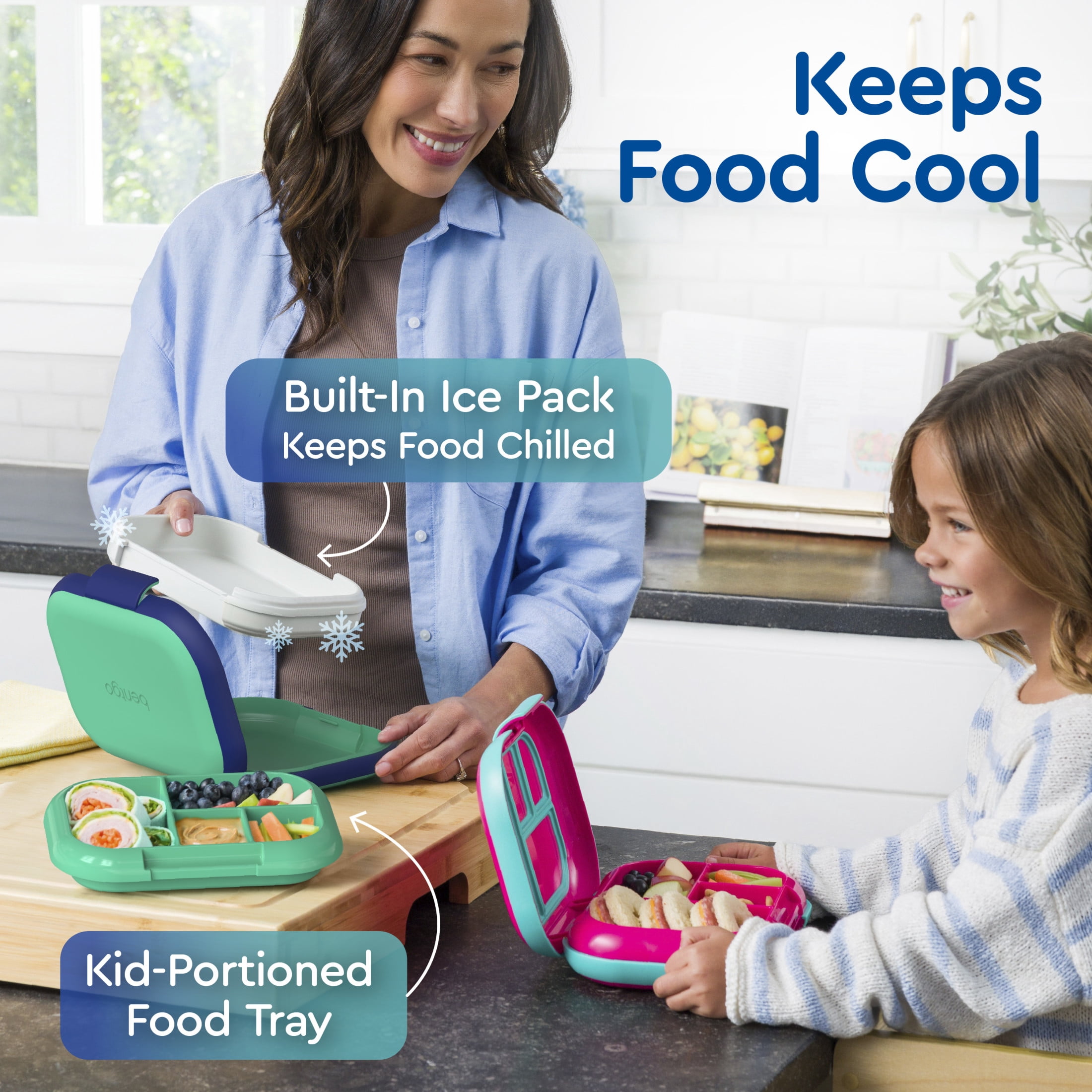 Bentgo Chill Kids Leak-Proof Lunch Box - 4-Compartment Bento Box with Built-In Ice Pack, 3.3 Cup Capacity, PFAS & BPA-Free, Microwave & Dishwasher Safe, Ideal Size for Ages 3 to 7 (Green/Navy)