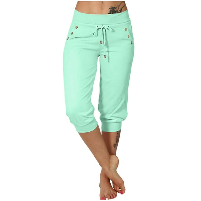 Timegard Sweatpants for Women Capri Pants Elastic High Waisted Drawstring Athletic Gym Pants with Pockets