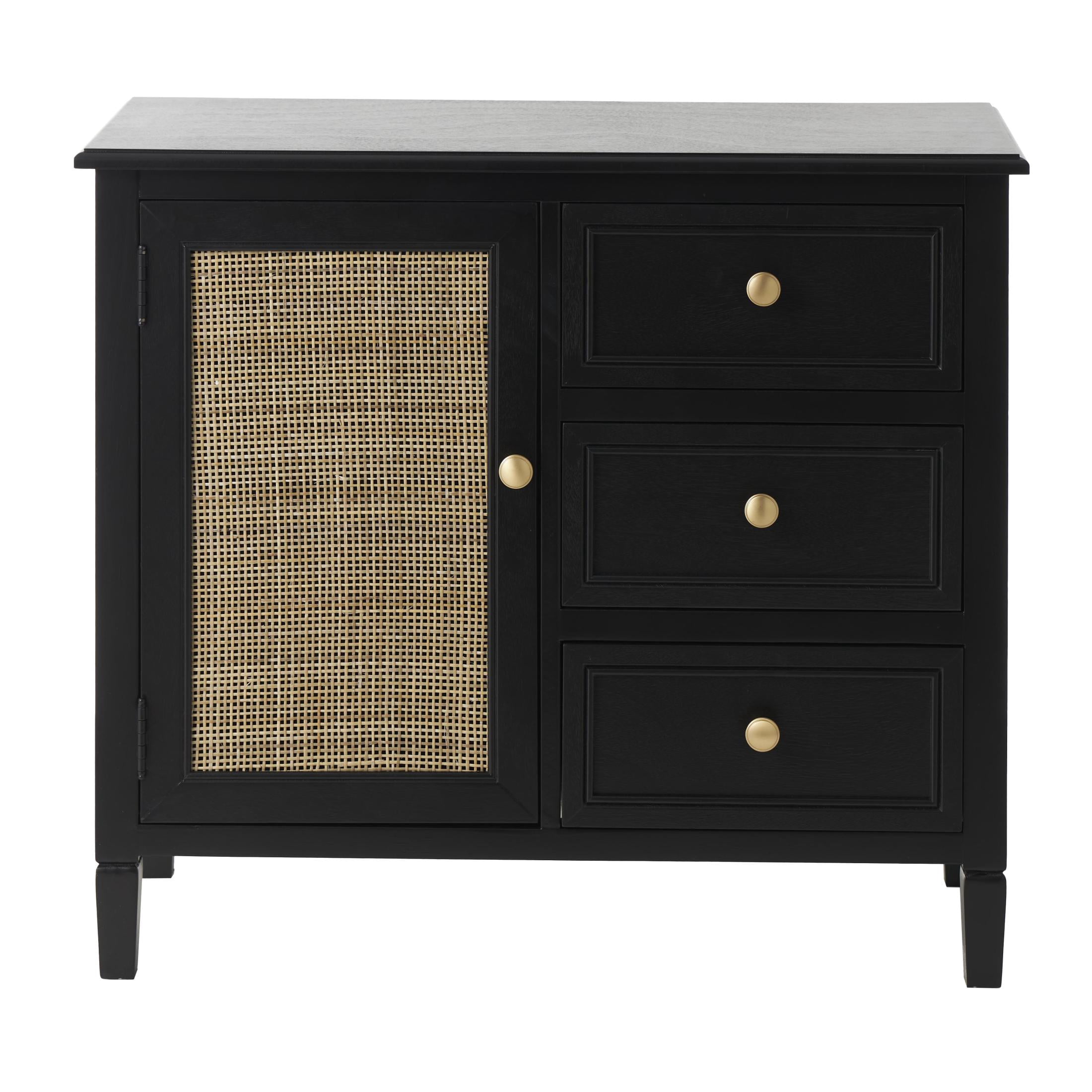 DecMode 30" x 26" Black Wood Handmade 1 Door and 3 Drawers Cabinet with Rattan Front, 1-Piece