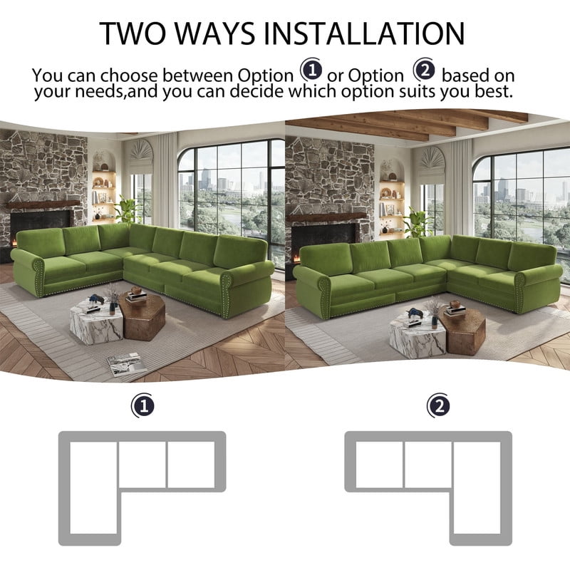 118" L-Shaped Convertible Sleeper Couch Bed, Chenille Upholstered Sectional Sofa with Pull-Out Sofa Bed, Modern Chesterfield Sofa for Living Room