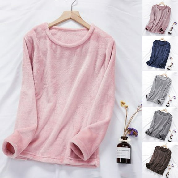 SMihono Women's Fleece Pajamas Tops Long Sleeve Thermal Pullover Winter Warm Crewneck Shirts Soft Fuzzy Loungewear Pink L