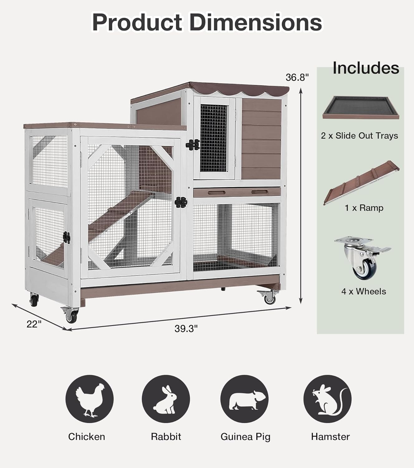 MEDEHOO Rabbit Hutch 2-Story Wooden Bunny Cage with 2 Leak-Proof Sliding Trays, Chew-Proof Metal Mesh, Rainproof Cover, Indoor & Outdoor Guinea Pig House with Wheels - Brown